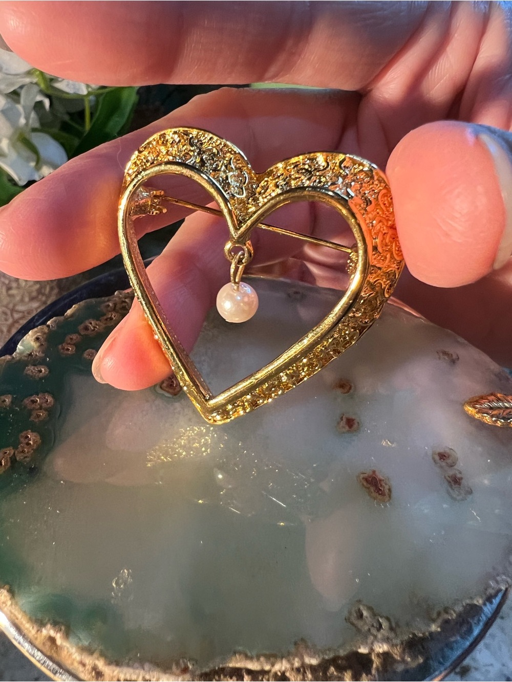 Gold Heart Pearl Drop Brooch - Valentine’s Day Gift